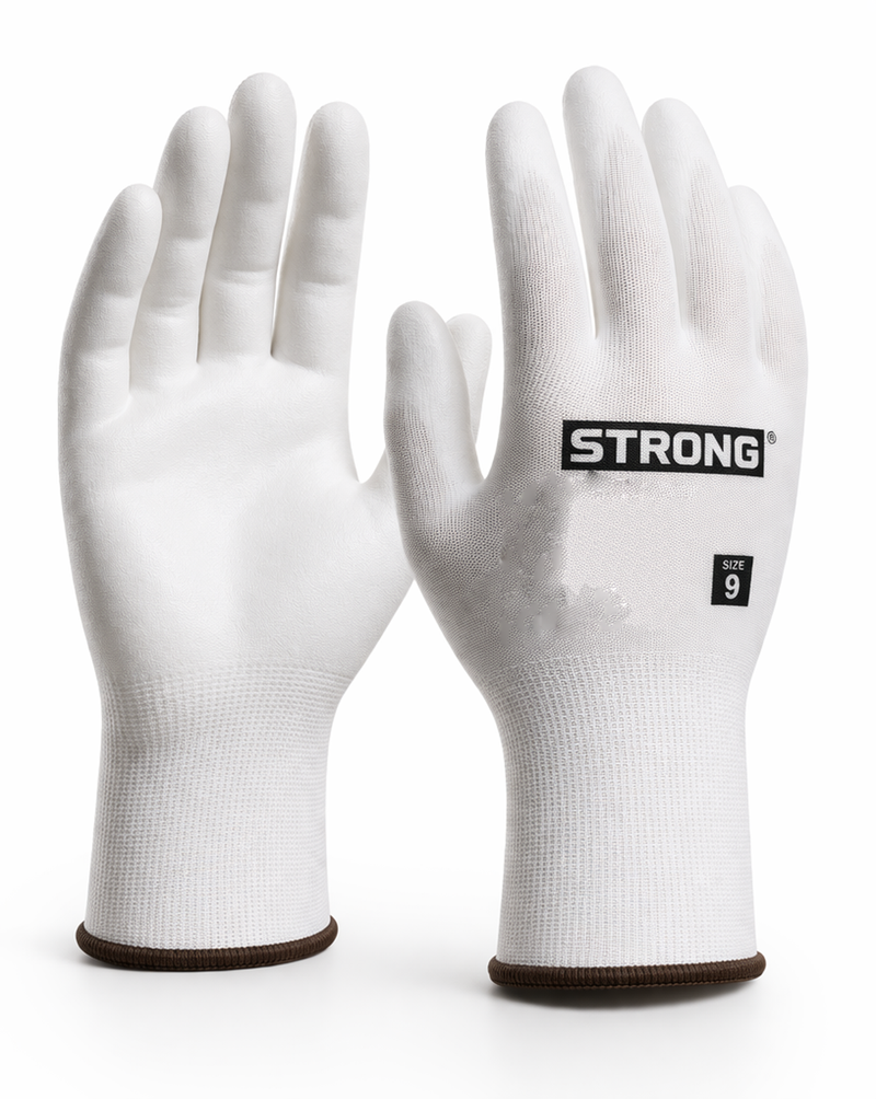 Перчатки белые из полиэстра с белым ПУ  на ладони, размер 9, Strong