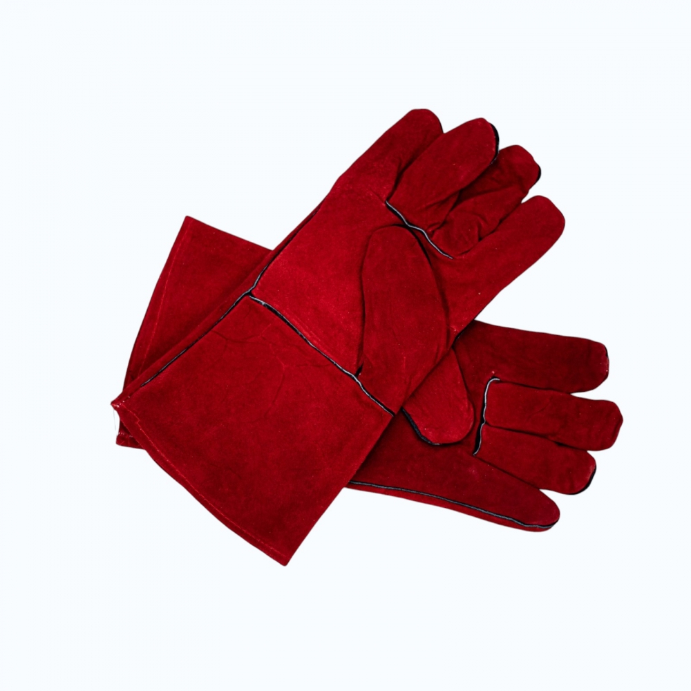 Перчатки кожаные (спилковые)  красные на подкладке, длина: 35 см. размер 14, Strong